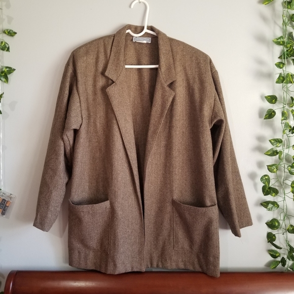 Norton & Co. Womens Open Front Med Herringbone Blazer Brown w/pockets USA Wool - Picture 1 of 11
